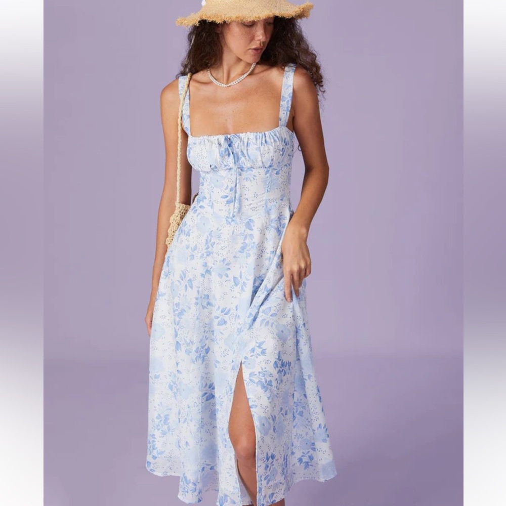 NWT Rihoas The Blue Square Neck Floral Ruched Midi Dress